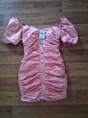 Satin Pink Ruched Puff Sleeve Mini Dress